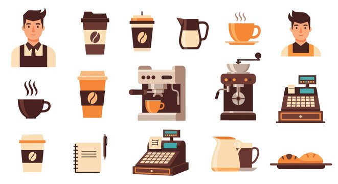 Coffee Shop and Cafe Flat Icons Set: Barista, Espresso Machine, Takeaway Cups and Bakery Food Elements.