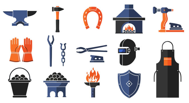 Blacksmithing Tools and Equipment Flat Icons Set