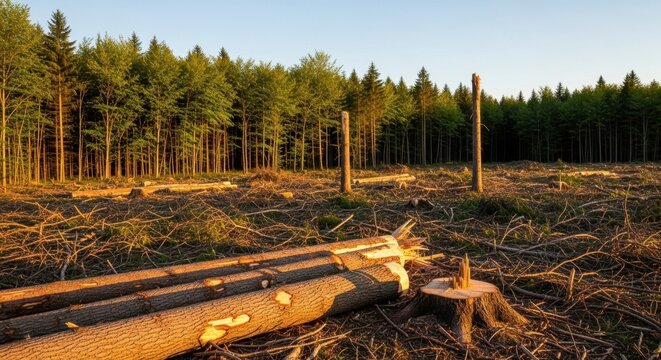 Deforested forest area with felled tree logs and remaining stumps under warm sunlight