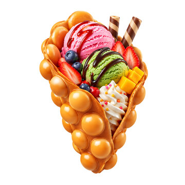3D Asian Food Icon of Bubble Waffle Ice Cream Dessert on Transparent Background