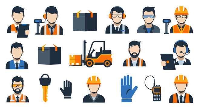 Industrial Safety and Logistics Flat Icons: Workers, Warehouse Equipment, and Protective Gear Set