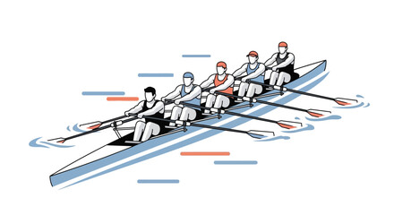 Team Rowing Boat Race, Five Athletes Synchronized Effort on Water, Sport Competition © manis