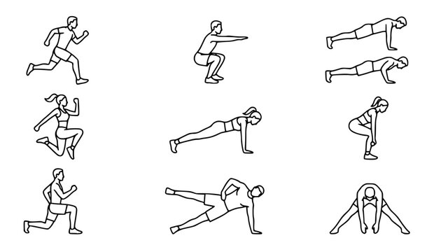 Home Workout and Fitness Exercise Pose Outline Icons