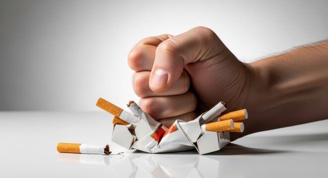 Fist crushing a pack of cigarettes, symbolizing the decision to quit smoking and embrace a healthier life