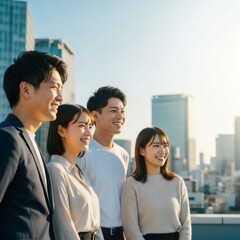 Fototapeta premium 昼間のビルの屋上で空を見上げる若い男女の会社員
