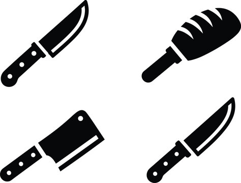 Knife set icons collection with chef knife bread knife and cleaver isolated on white background black silhouette for kitchen cutting tools and cooking use