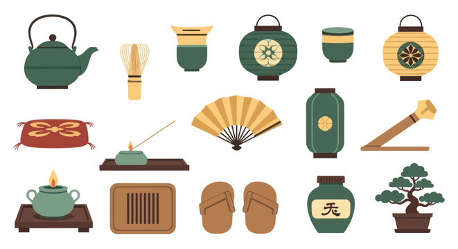 Japanese Tea Ceremony Objects and Symbols Flat Vector Illustration