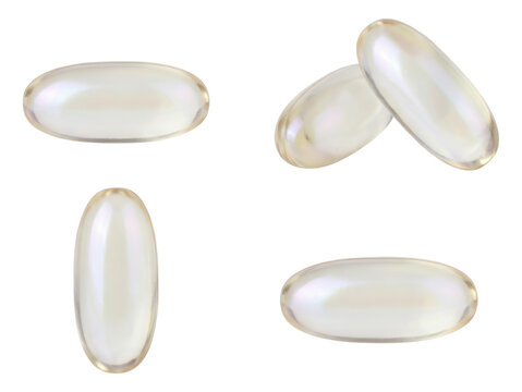 Four clear softgel capsules or omega 3 supplements isolated on transparent background