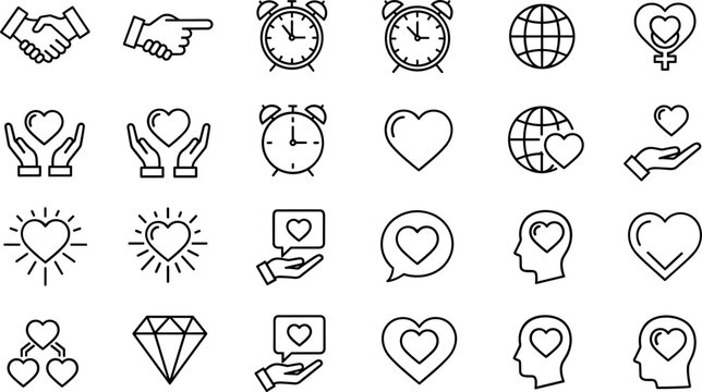 Charity and Mental Health Thin Line Icon Set Featuring Partnership Handshakes Care Hearts Globe Grid and Human Psychology Symbols