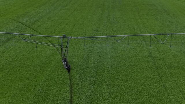 Aerial view of a center pivot irrigation system watering a lush green crop field in Portugal.