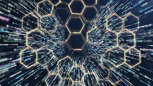 Abstract Digital Network Data Flow with Binary Code and Hexagonal Patterns.