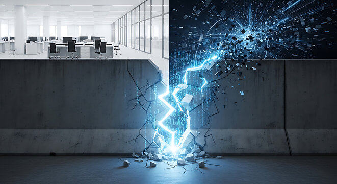 Digital disruption concept with a glowing data crack breaking through a concrete office wall