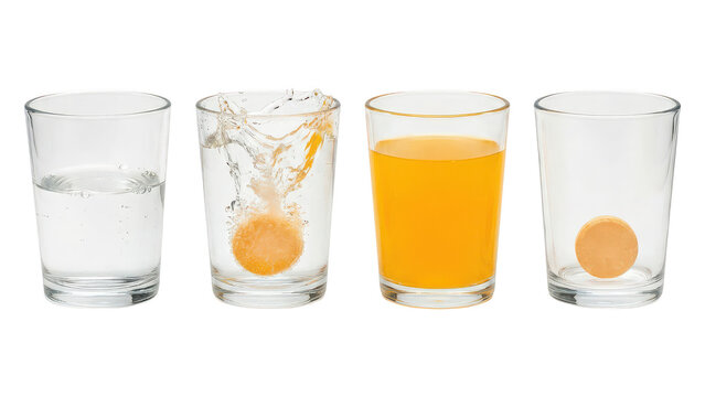 Effervescent tablet dissolving in water step-by-step isolated on transparent background