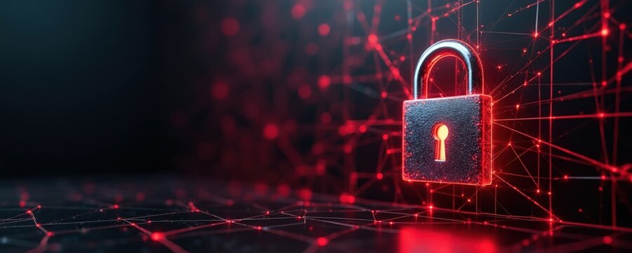 Shiny metallic padlock secures digital network. Red glowing lines form connections with bright dots creating grid. Abstract cyber security concept background.