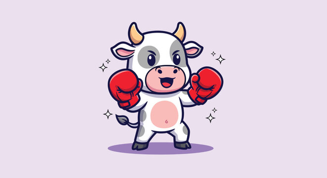 Cute cartoon cow boxing champion mascot character.