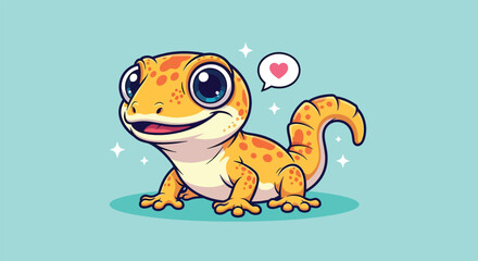 Cute cartoon leopard gecko illustration with big eyes and heart bubble. © Caroline Studio