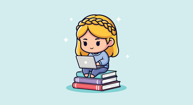 Cute cartoon girl studying with a laptop on a stack of books.