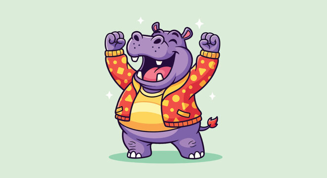 Cute Cartoon Hippopotamus Wearing A Jacket Celebrating With Joy.