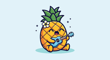 Cute Kawaii Pineapple Character Playing a Blue Ukulele and Singing. © Caroline Studio