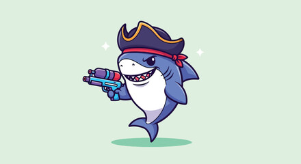 Cute shark pirate character holding a water gun. © Caroline Studio