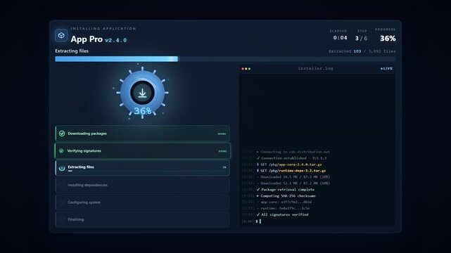 Application Installation Complete Progress Dashboard with Setup Log and Status Steps