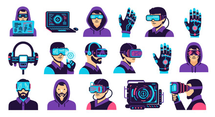 Fototapeta premium Flat Style VR Technology Icons - People, Gadgets, and Accessories