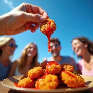 Hand dips crispy chicken nugget in ketchup sauce. Friends laugh happily outdoors on sunny day. Delicious fast food meal shared together. Group enjoys casual picnic lunch time.