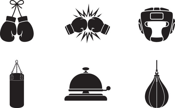 Boxing Gear Vector Icon Set, Black Sport Equipment Silhouettes on White Background