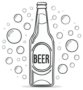 Outlined beer bottle with bubbles in a monochrome illustration