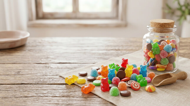 Photorealistic 3D rendering of colorful candies, gummy bears, and chocolates scattered on a wooden table, with a glass jar filled with sweets in a bright room.