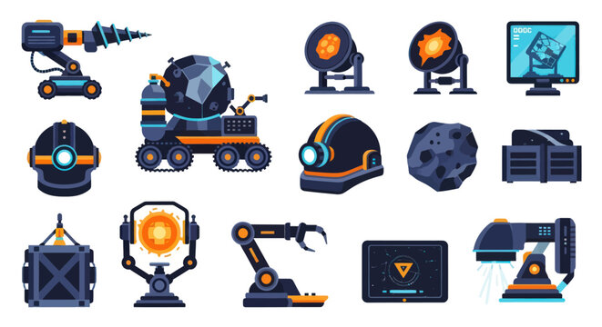 Flat Style Space Mining Robots and Equipment Vector Icons
