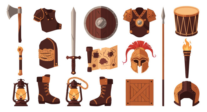 Roman Gladiator Warrior Armor Weapon Equipment Set Flat Vector Art