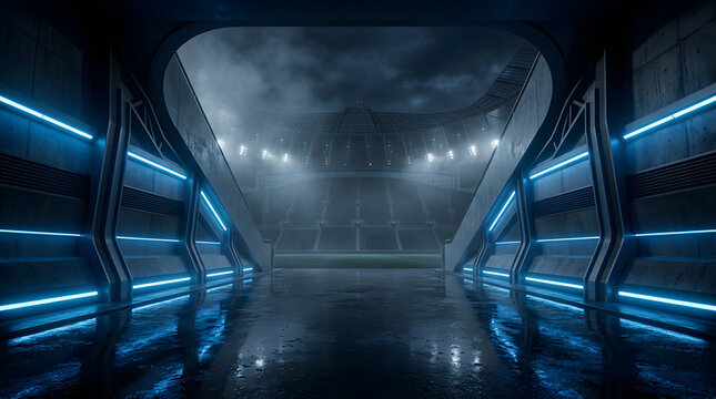 Futuristic empty stadium tunnel with neon blue lighting and motion blur effect