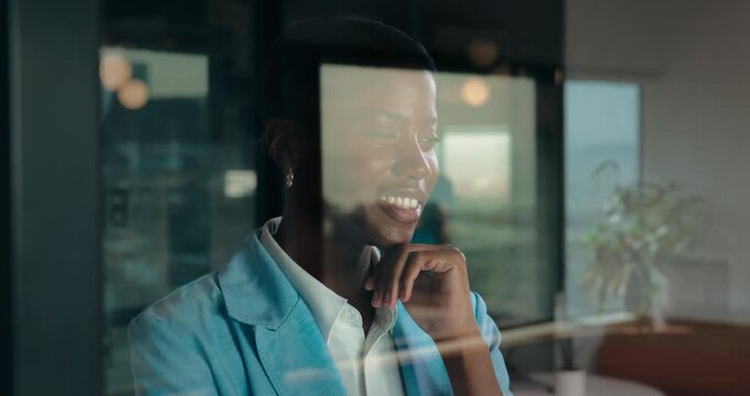 Businesswoman, ideas and smile in office, window and brand manager with creative choice and thinking. Glass, reflection and happy person with marketing decision, planning and project in business