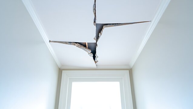 Large crack in textured ceiling near door frame showing structural damage, settling, moisture issues, requiring inspection, repair, renovation, highlighting residential home safety concerns risk asses