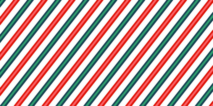 Candy cane seamless pattern. Red and green diagonal stripes background. Christmas repeating decoration texture. Winter holiday lines backdrop. Xmas peppermint package wrapping print. Vector wallpaper