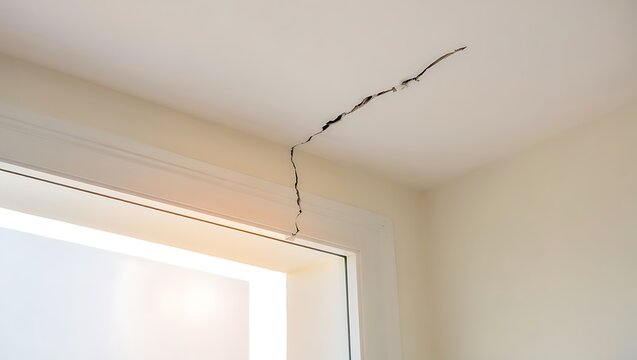 Large crack in textured ceiling near door frame showing structural damage, settling, moisture issues, requiring inspection, repair, renovation, highlighting residential home safety concerns risk asses