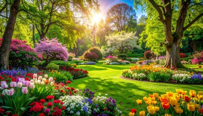 Obraz premium A vibrant spring landscape featuring a lush green garden filled with colorful tulips and blooming trees under a warm bright morning sun light.