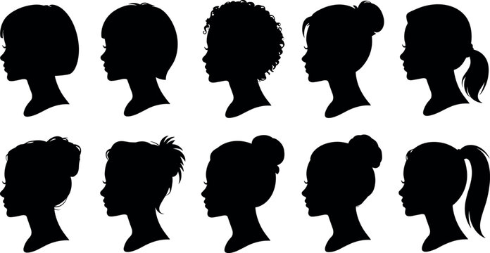 Vector silhouettes of female profile heads with various hairstyles including buns, ponytails, short bobs, and curly afro hair