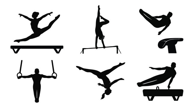 Collection of gymnastics silhouettes in various poses and exercises