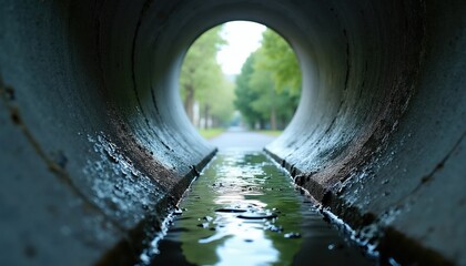 Fototapeta premium View from inside concrete drainage pipe. Water flows at bottom. Outdoor park pathway visible through large circle opening. Green trees line pathway.