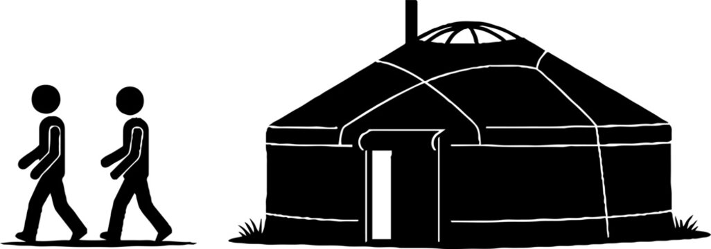 Traditional yurt silhouette with people walking