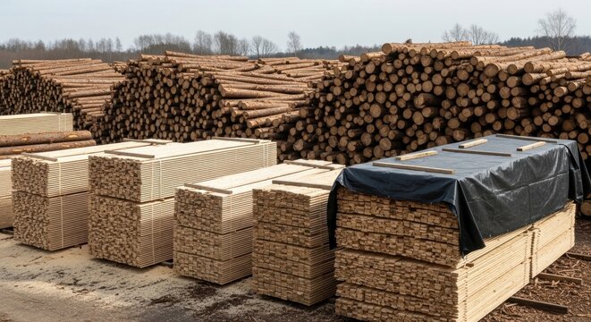 Abundant stacks of cut lumber and raw timber logs in a large outdoor storage yard