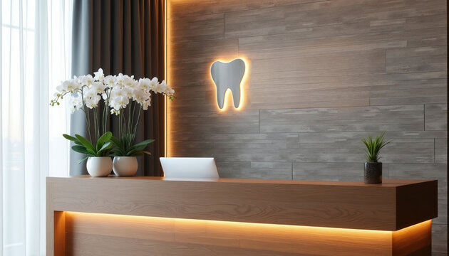 Modern dental clinic reception area with glowing tooth logo, orchids, and wood desk. Creates welcoming, pro space for patients seeking dental care and appointments.