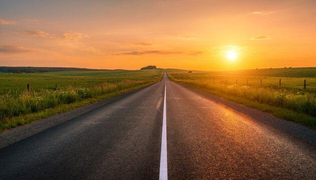 Vibrant Summer Countryside Road At Sunset Horizon