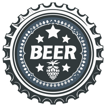 Decorative beer bottle cap illustration with stars and hop cone on beverage label