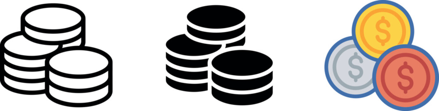 Coins stack icon set featuring line art solid black silhouette and colorful flat graphic.