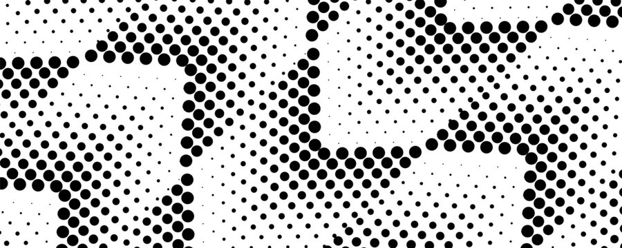 Abstract geometric dot pattern background, a black and white halftone design with organic shapes and circular elements for a modern artistic aesthetic