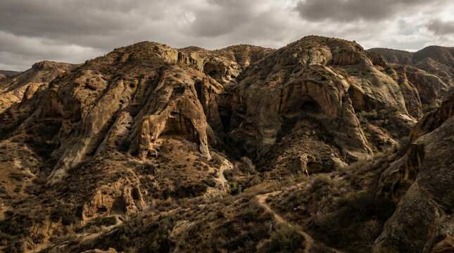 Dry barren mountain range with rugged terrain under cloudy sky in dramatic landscape