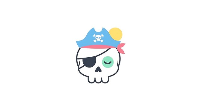 Cheerful cartoon pirate skull icon, featuring a friendly eye patch, blue hat, and red bandana. Whimsical illustration for digital designs, avatars, or game elements